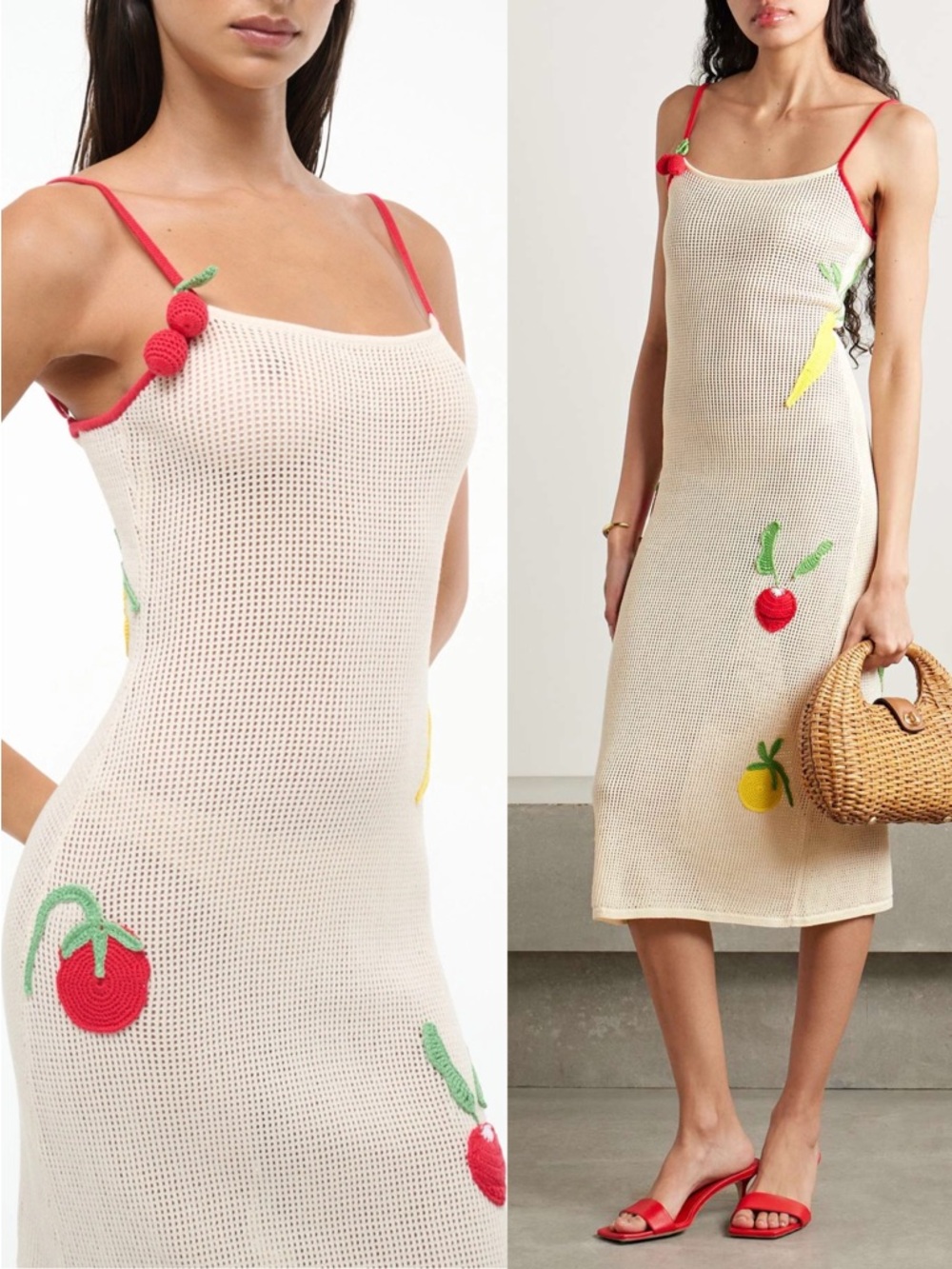 STAUD Adeline Midi Dress – Crochet Vegetable Appliqué - NWT